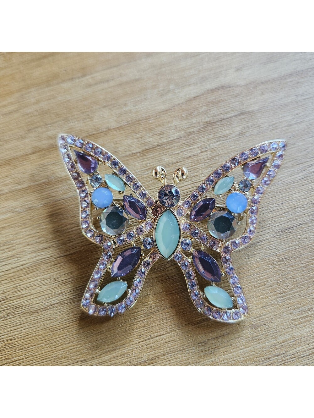 Napier Butterfly Pin Brooch Jeweled Gold Tone Aqua Blue Purple Green Signed EUC!